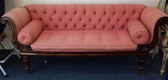 A Victorian mahogany scroll arm settee Length 210cm